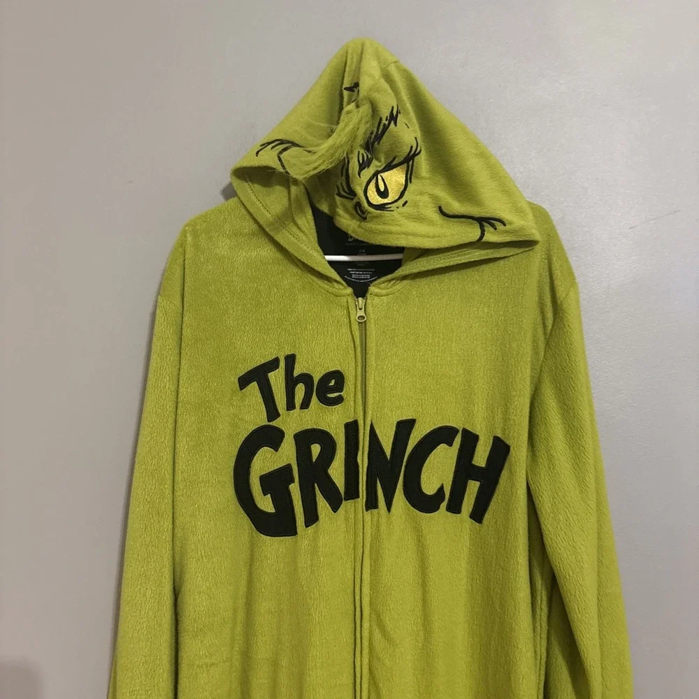 The Grinch Pajamas One Piece Zip Costume Christmas Fleece Hooded Size S/M (7/9)